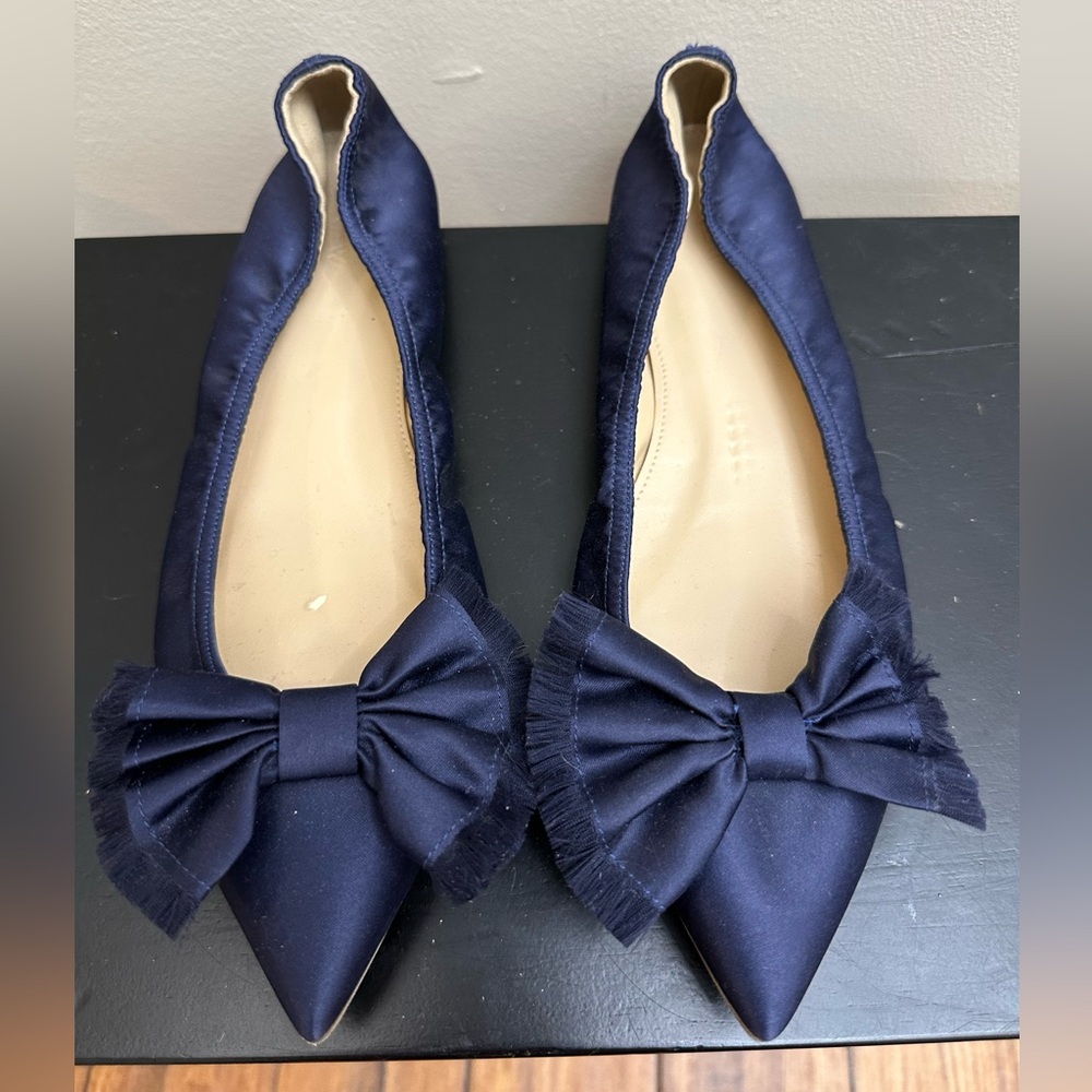 NWOT J. Crew Lottie Navy Frayed Satin Bow Ballet Flat Sz 9.5m women’s
